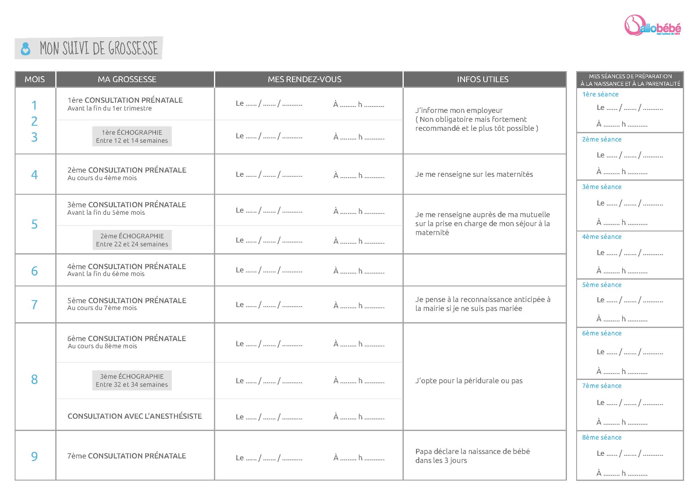 Tableau Suivi De Grossesse Mois Par Mois