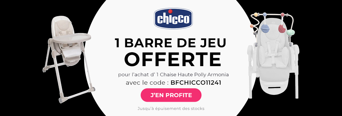 Chicco : 1 chaise haute Polly Armonia = 1 barre de jeu Arc en ciel