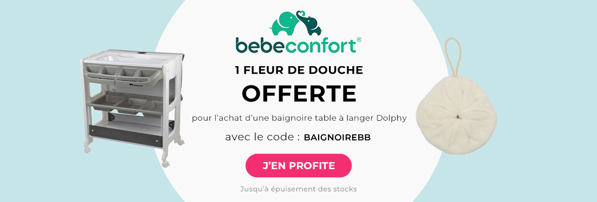 Bebeconfort : 1 baignoire table à langer dolphy = 1 fleur de douche offerte